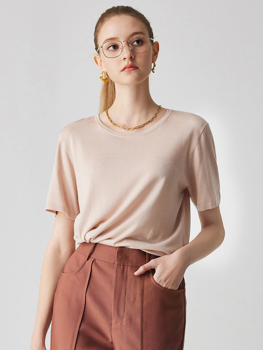 COMOBOCA Sand pink Women's Essential Round Neck Knit T-Shirt