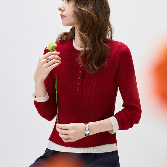 COMOBOCA Women's Ribbed Contrast Trim Henley Knit Sweater