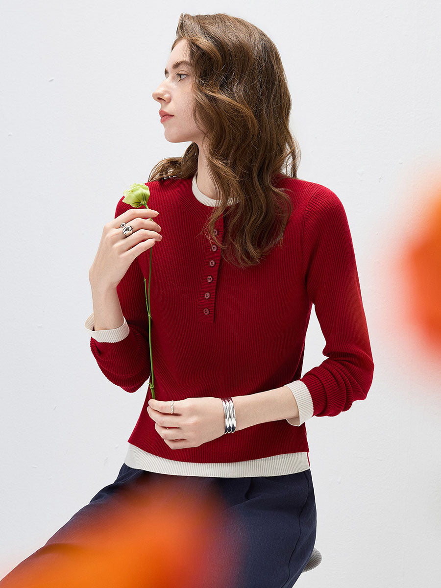 COMOBOCA Women's Ribbed Contrast Trim Henley Knit Sweater