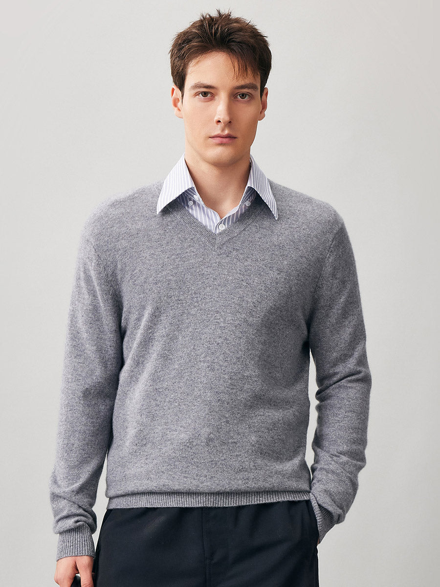 100% Cashmere Men's V-Neck Sweater, L / GRAY