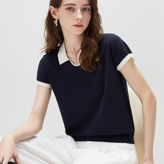 COMOBOCA Women's Contrast Collar V-Neck Knit Polo T-Shirt