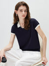 COMOBOCA Women's Contrast Collar V-Neck Knit Polo T-Shirt