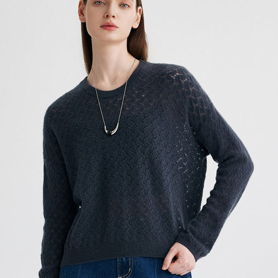 COMOBOCA 100% Cashmere Women's Openwork Round Neck Knit Sweater