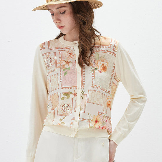 COMOBOCA Light Pink Women's Printed Panel Knit Cardigan