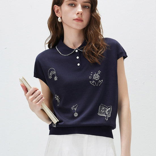 COMOBOCA Navy Blue Women's Embroidered Collared Knit T-Shirt