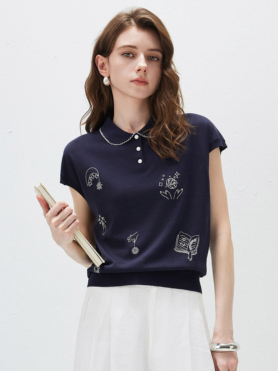 COMOBOCA Navy Blue Women's Embroidered Collared Knit T-Shirt