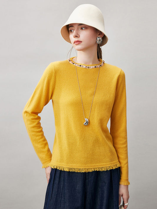 COMOBOCA Yellow 100% Cashmere Women's Fringed Hem Floral Sweater