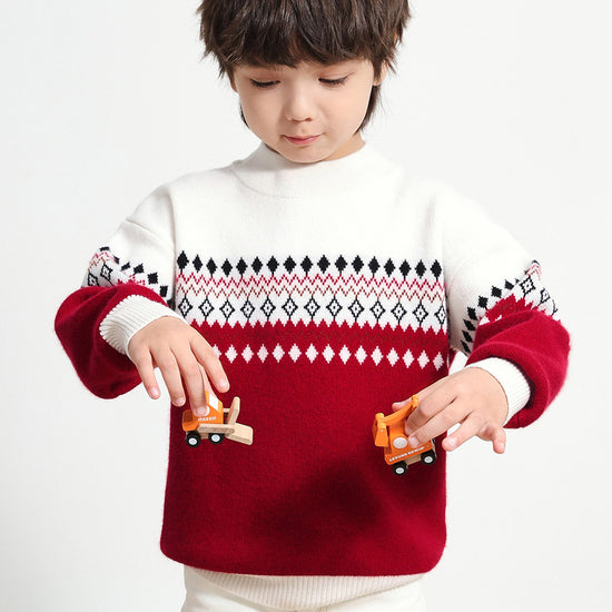 COMOBOCA RED 100% Wool Kids' Mock Neck Jacquard Sweater