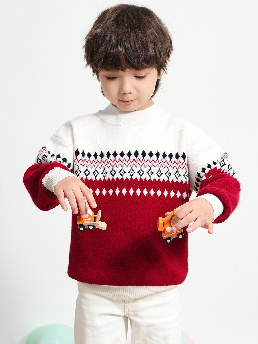 COMOBOCA RED 100% Wool Kids' Mock Neck Jacquard Sweater