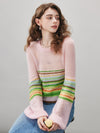 COMOBOCA Women's Rainbow Striped Flared Sleeve Sweater