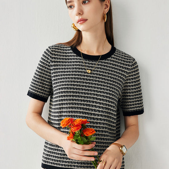 COMOBOCA Women's Elegant Striped Knit T-Shirt