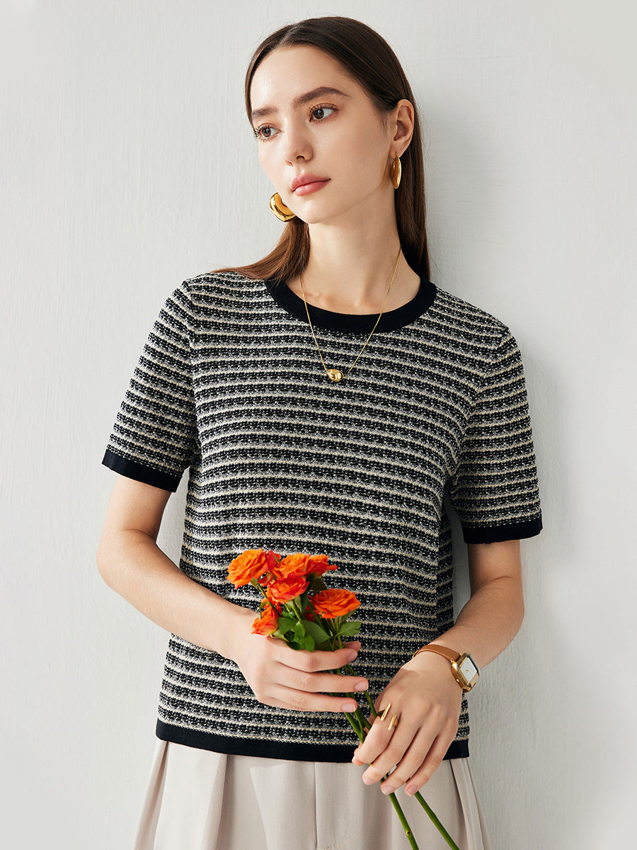 COMOBOCA Women's Elegant Striped Knit T-Shirt