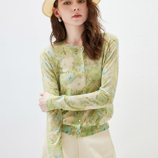 COMOBOCA Women's Watercolor Floral Print Knit Cardigan