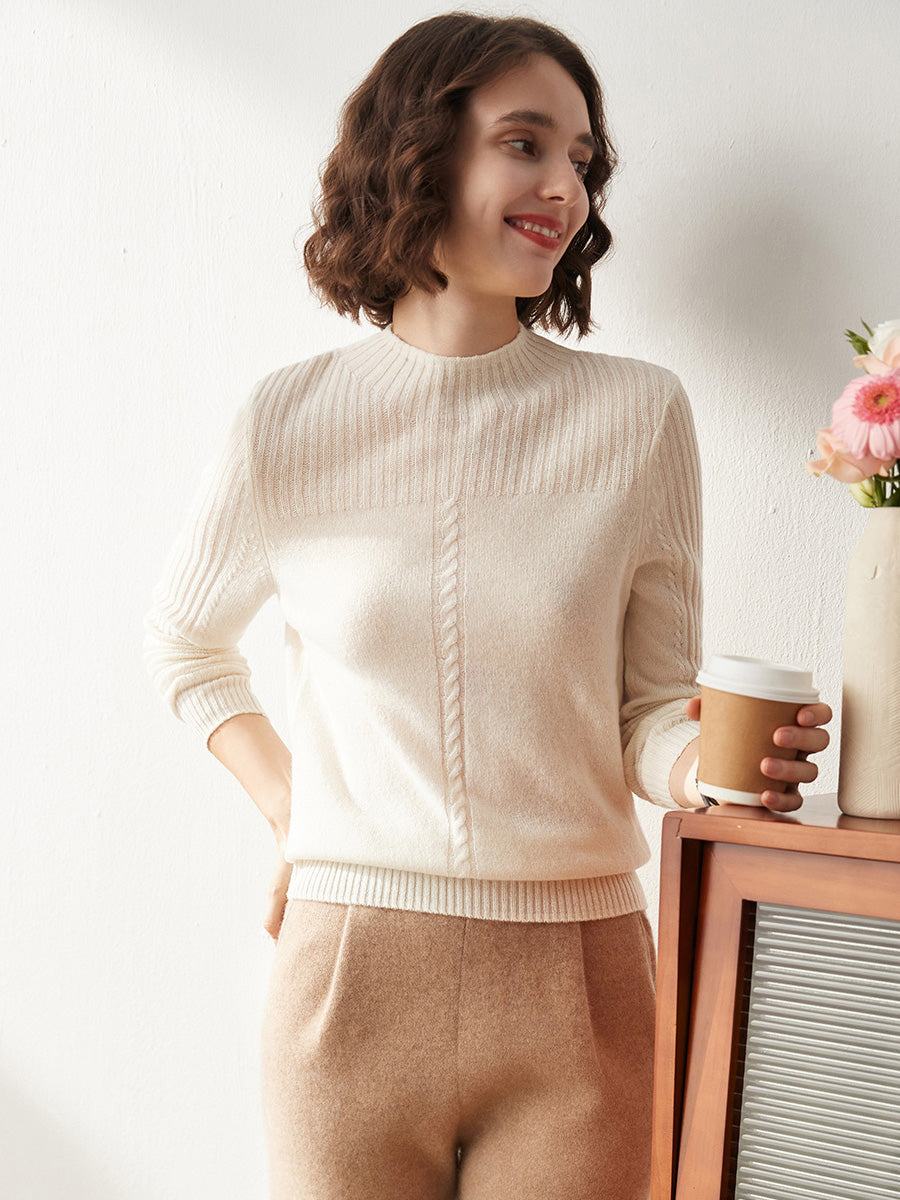 COMOBOCA XL BEIGE 100% Cashmere Women's Mock Neck Cable Knit Sweater