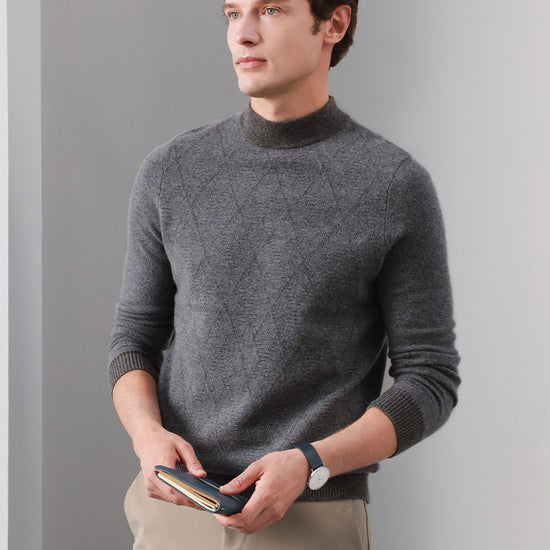 COMOBOCA GREY 100% Cashmere Men's Mock Neck Jacquard Sweater