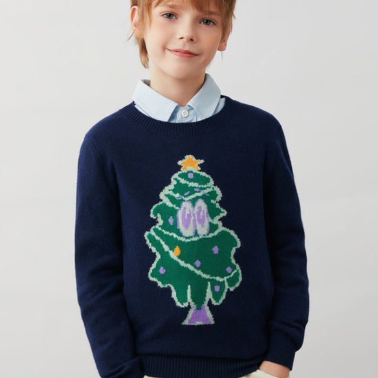 COMOBOCA Navy Blue 100% Wool Kids' Christmas Tree Round Neck Sweater