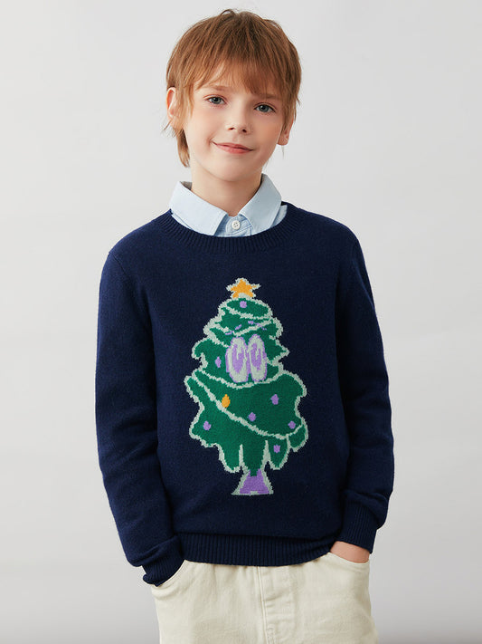 COMOBOCA Navy Blue 100% Wool Kids' Christmas Tree Round Neck Sweater