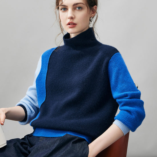 COMOBOCA 100% Cashmere Women's Color Block Turtleneck Sweater