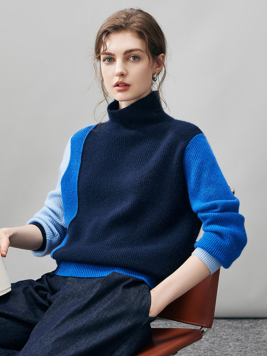 COMOBOCA 100% Cashmere Women's Color Block Turtleneck Sweater