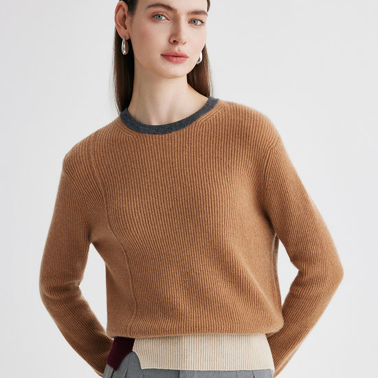 COMOBOCA Bronze 100% Cashmere Women's Color Block Ribbed Knit Sweater