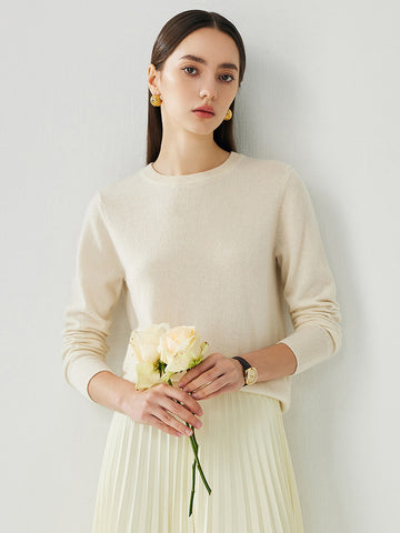 COMOBOCA White 100% Cashmere Women's Round Neck Sweater