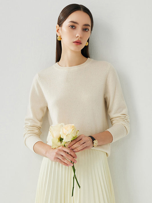 COMOBOCA White 100% Cashmere Women's Round Neck Sweater