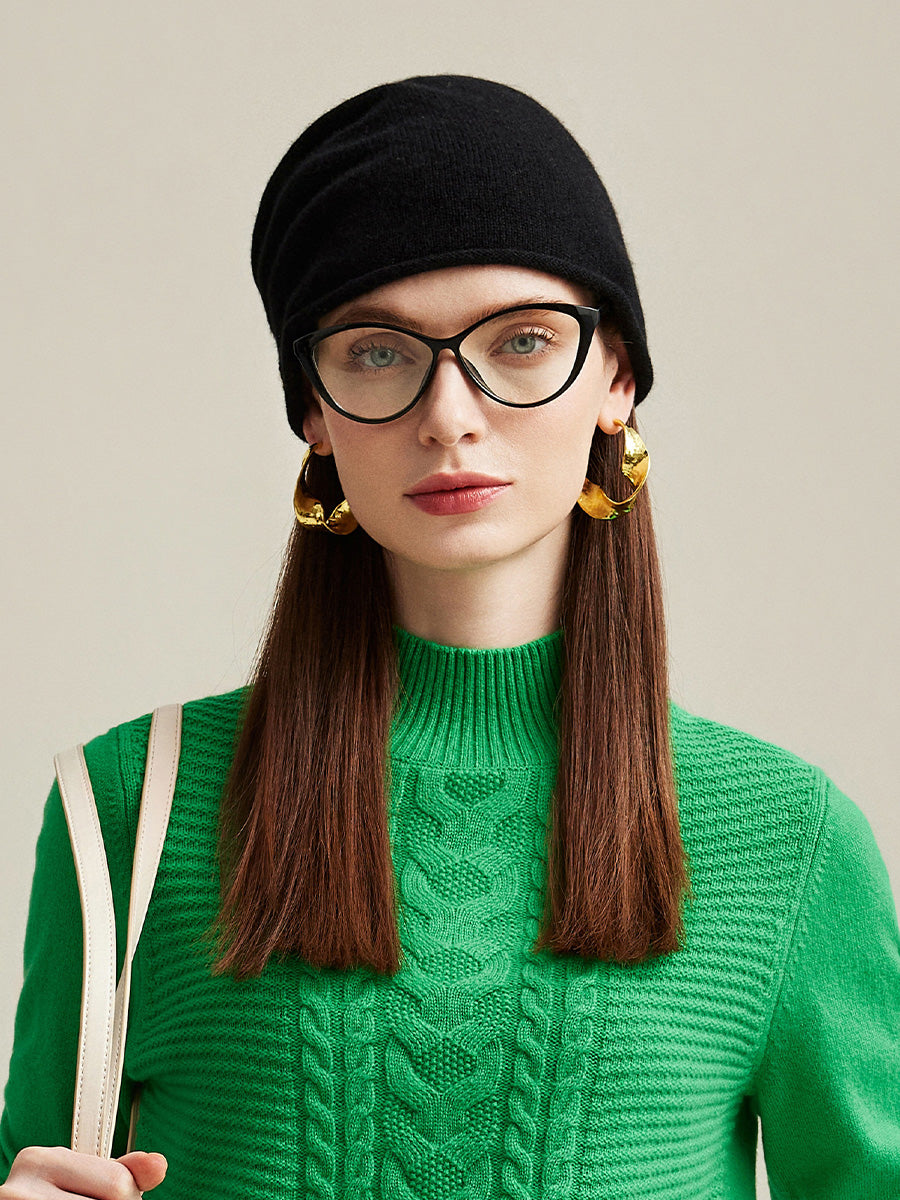 COMOBOCA Black 100% Cashmere Women's Slouchy Knit Beanie