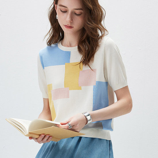 COMOBOCA Women's Geometric Color Block Fine Knit T-Shirt