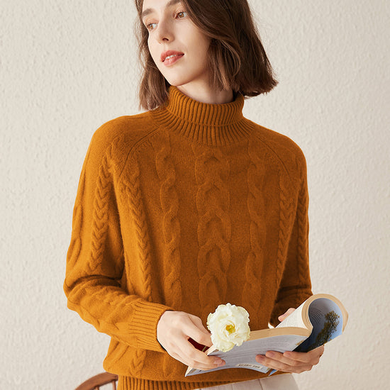 COMOBOCA 100% Cashmere Women's Turtleneck Cable Knit Sweater