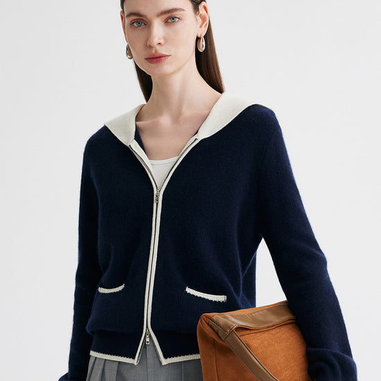 COMOBOCA 100% Cashmere Women's Contrast Collar Double Zip Cardigan