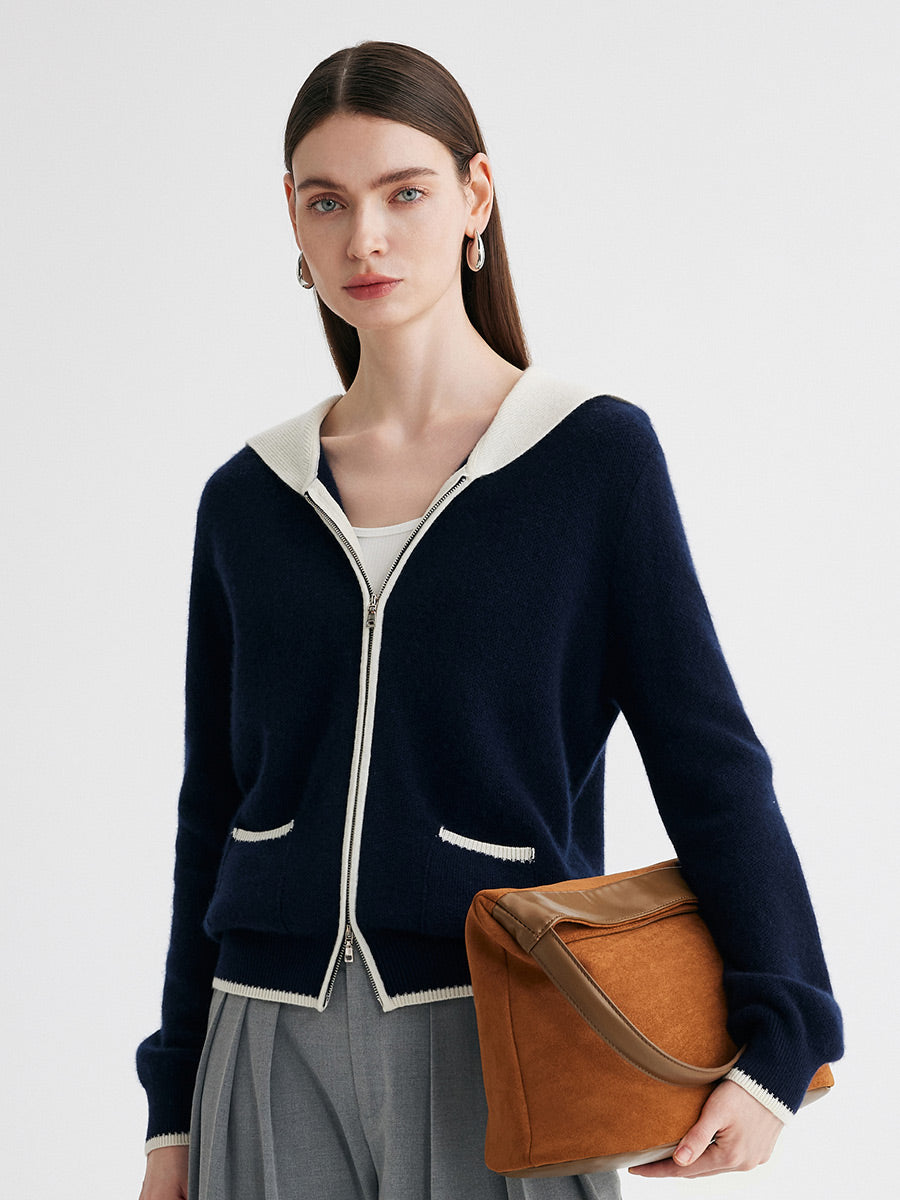COMOBOCA 100% Cashmere Women's Contrast Collar Double Zip Cardigan