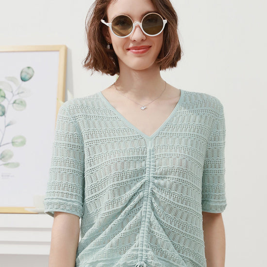 COMOBOCA Light Green Women's V-Neck Ruched Knit T-Shirt