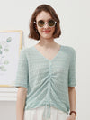 COMOBOCA Light Green Women's V-Neck Ruched Knit T-Shirt