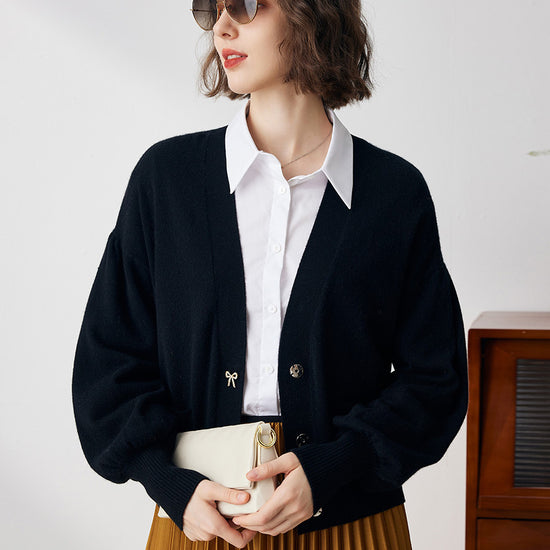 COMOBOCA Black 100% Cashmere Women's Puff Sleeve Knit Cardigan