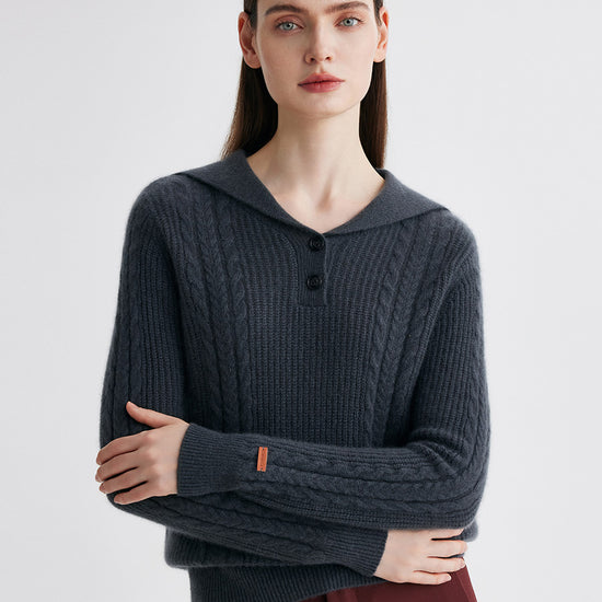 COMOBOCA 100% Cashmere Women's Cable Sailor Collar Sweater