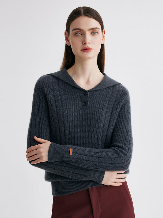 COMOBOCA 100% Cashmere Women's Cable Sailor Collar Sweater