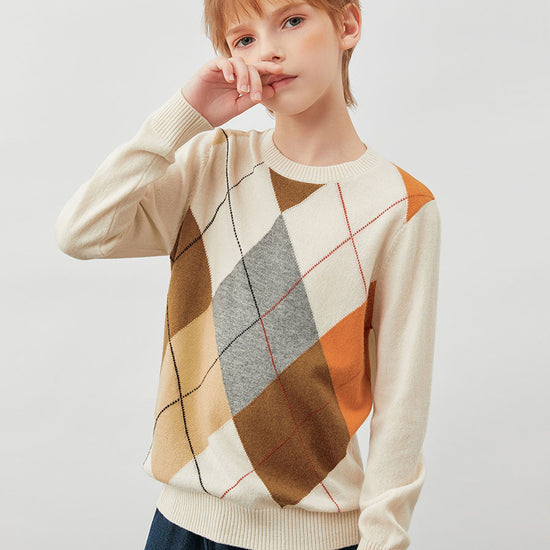 COMOBOCA 100% Wool Kids' Argyle Round Neck Sweater