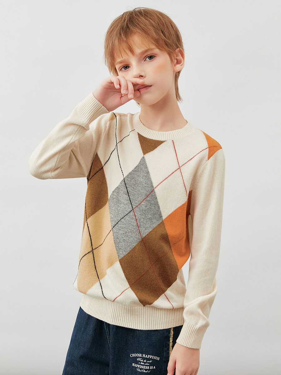 COMOBOCA 100% Wool Kids' Argyle Round Neck Sweater