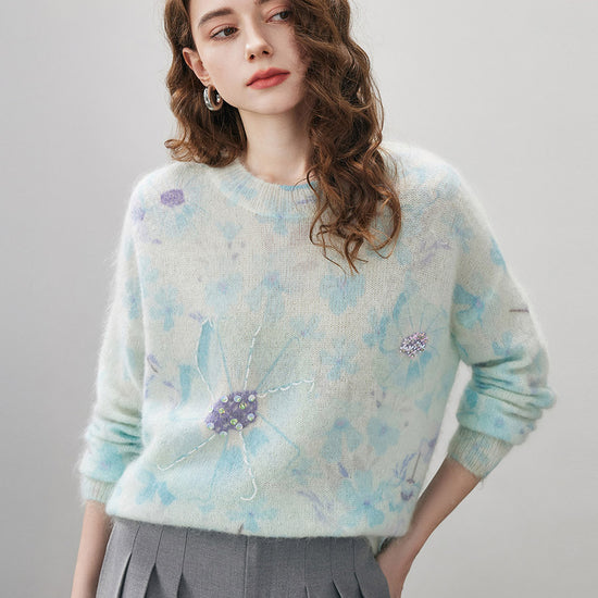 COMOBOCA Women's Floral Printed Round Neck Sweater