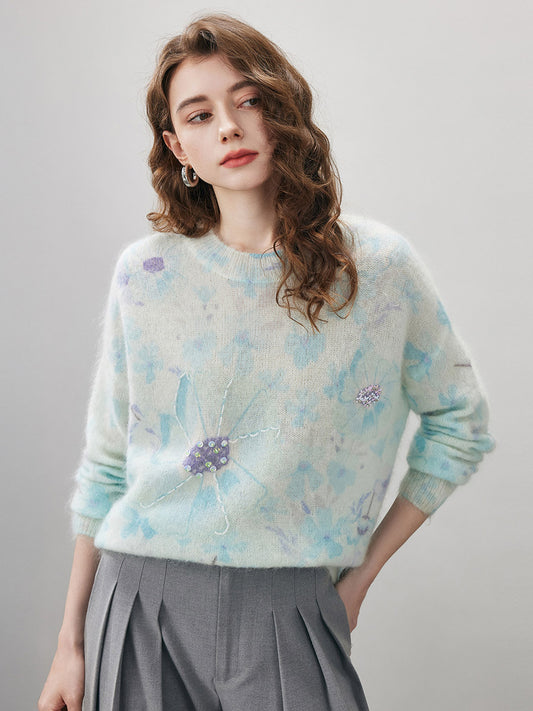 COMOBOCA Women's Floral Printed Round Neck Sweater