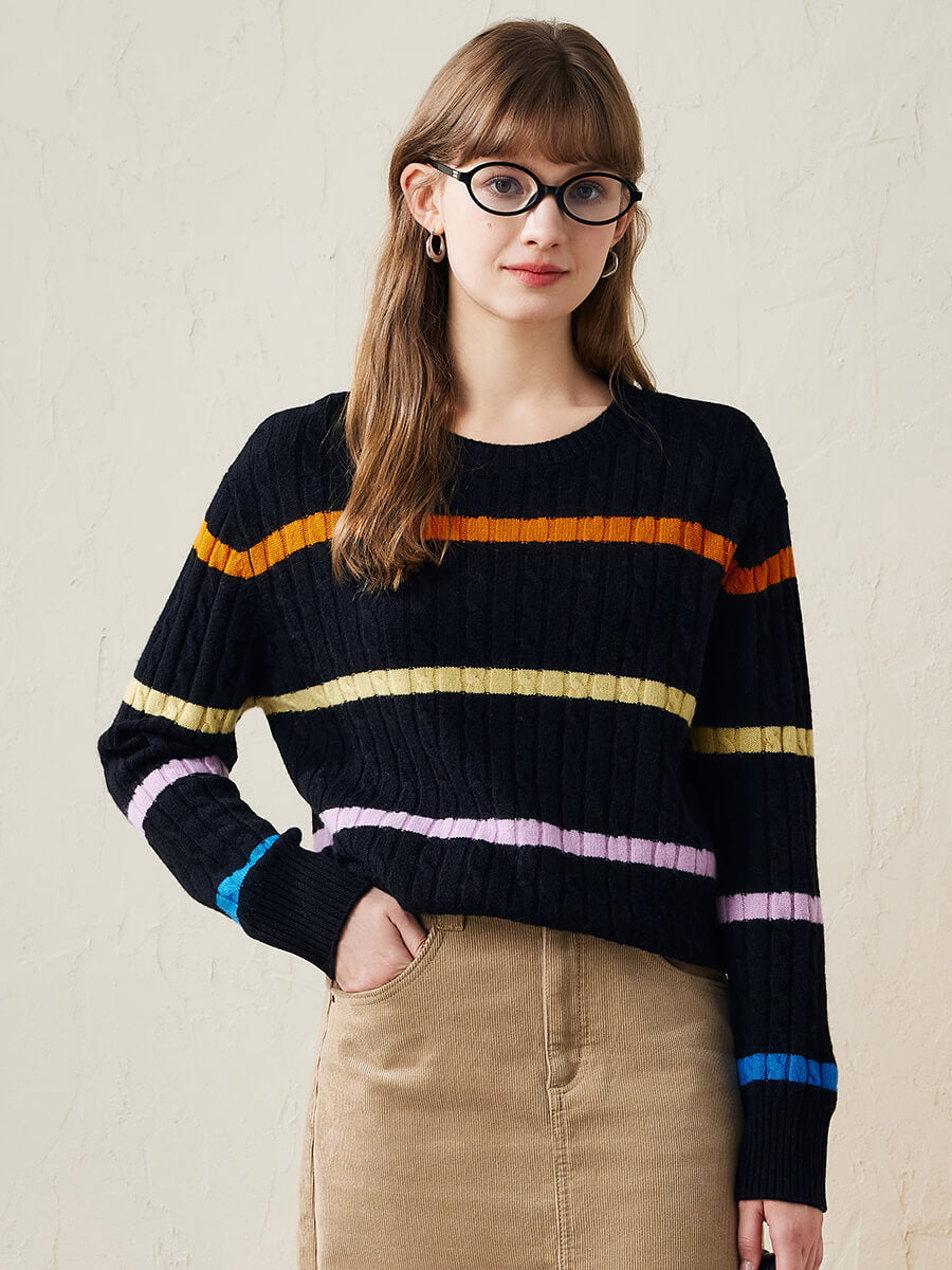 COMOBOCA Black 100% Wool Women's Colorful Striped Cable Knit Sweater