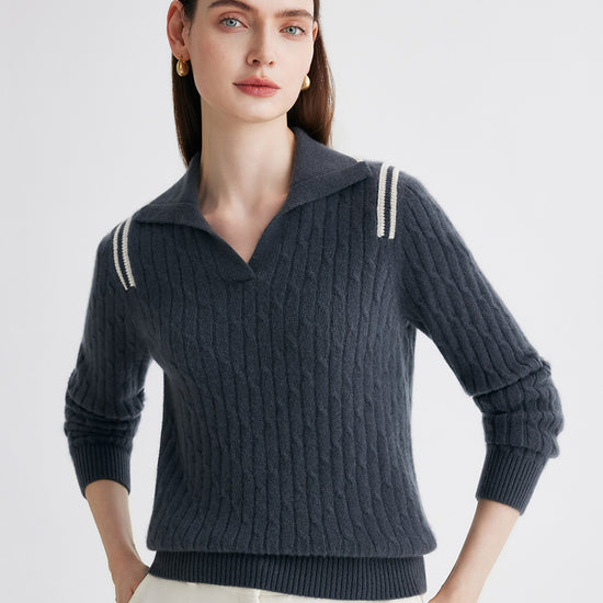 COMOBOCA 100% Cashmere Women's Cable Knit Polo Neck Sweater