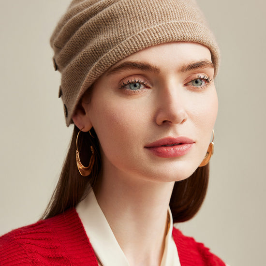 COMOBOCA Camel 100% Cashmere Women's Button Decorated Knit Beanie