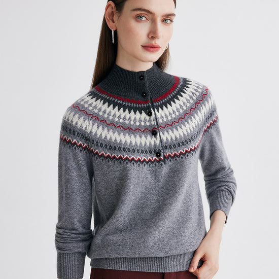 COMOBOCA Gray 100% Cashmere Women's Fair Isle Mock Neck Button Front Sweater