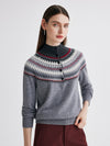 COMOBOCA Gray 100% Cashmere Women's Fair Isle Mock Neck Button Front Sweater
