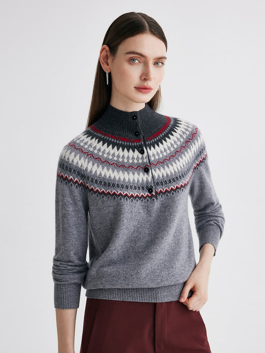 COMOBOCA Gray 100% Cashmere Women's Fair Isle Mock Neck Button Front Sweater