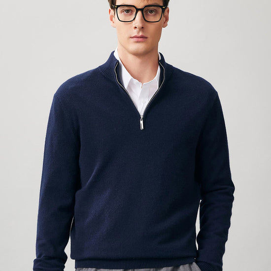 COMOBOCA Navy Blue 100% Cashmere Men's Half Zip Mock Neck Sweater