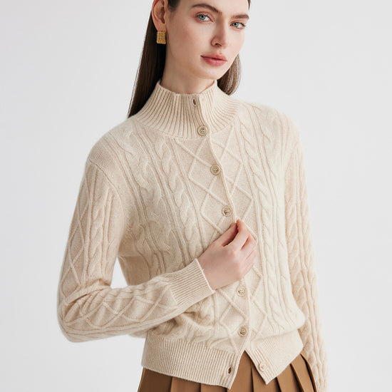 COMOBOCA 100% Cashmere Women's Cable Mock Neck Knit Cardigan