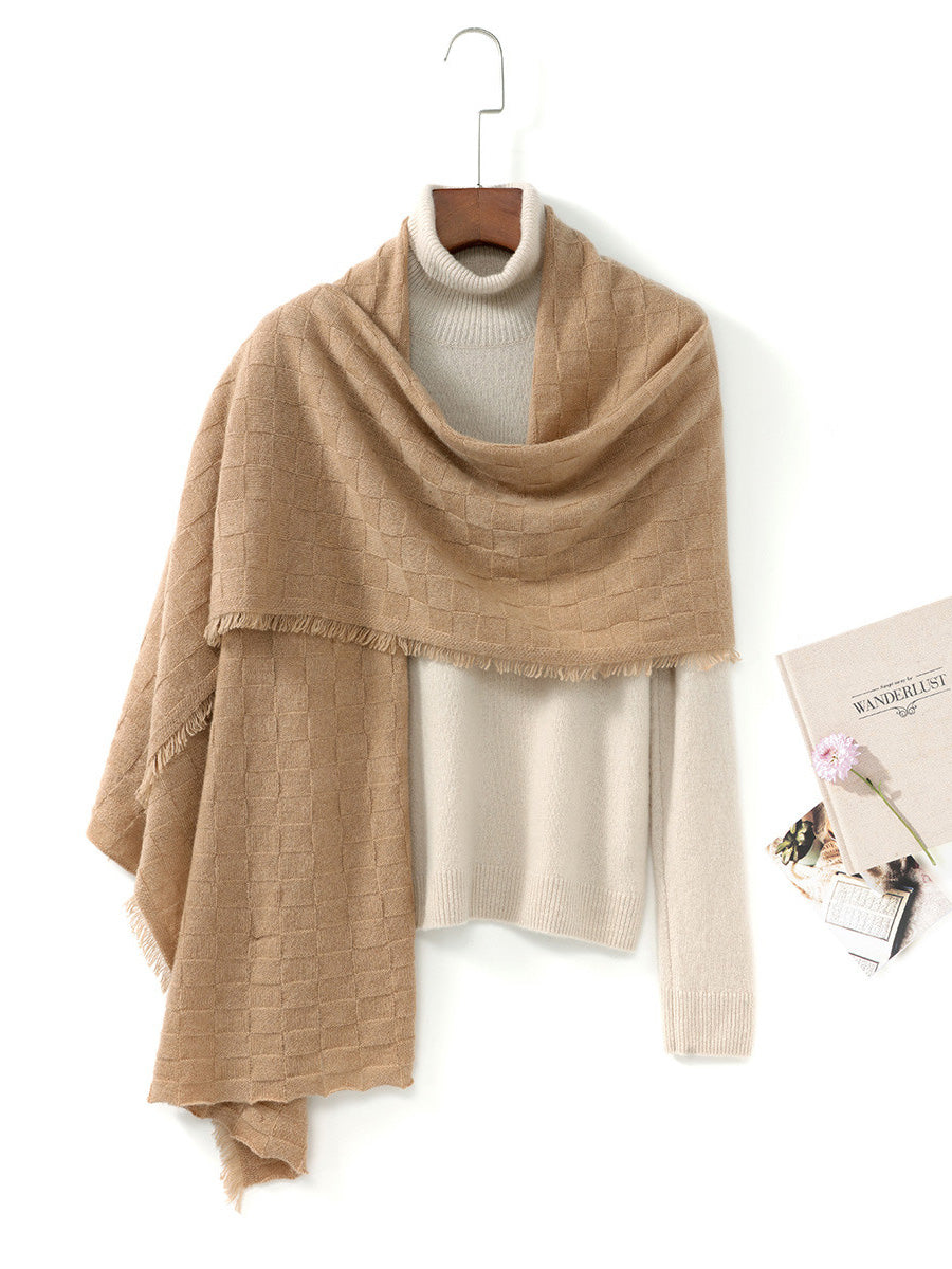 COMOBOCA BROWN 100% Cashmere Fringe Solid Color Shawl Scarf