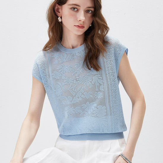 COMOBOCA Women's Semi Sheer Cap Sleeves Knit T-Shirt